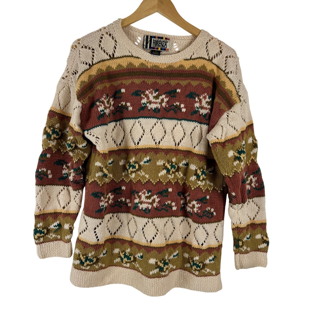 Vintage Forenza Retro M Chunky Knit Ramie Cotton Sweater Earthy Geometric‎